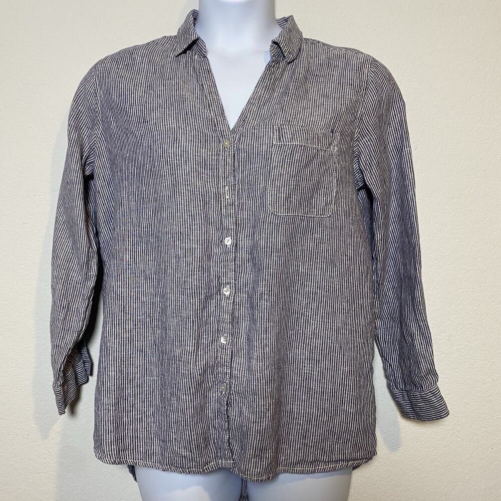 Womens Sigrid Olsen 100% Linen Striped Button Down Shirt Medium Coastal Beach